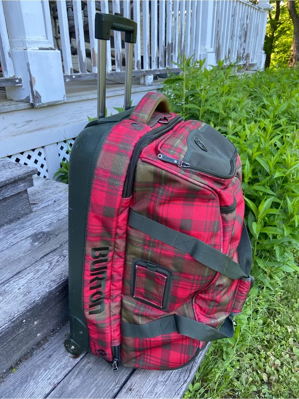 BURTON Luggage Plaid Wheelie Double Deck Rolling Travel Bag in Red